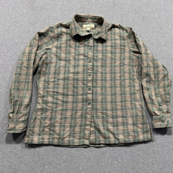 Cabelas Womens L Plaid Soft Flannel Shirt Teal Tan Brown Cotton Shirt (D34) - Picture 14 of 14